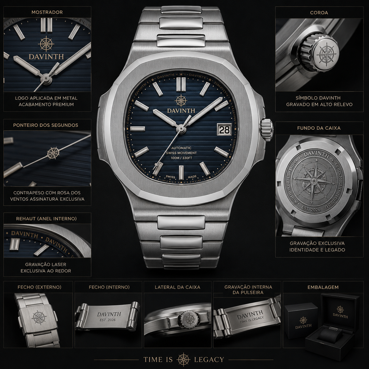 Davinth CASPIAN 40 Integrated Steel / DEEP BLUE Ribbed Dial / H-Link Bracelet