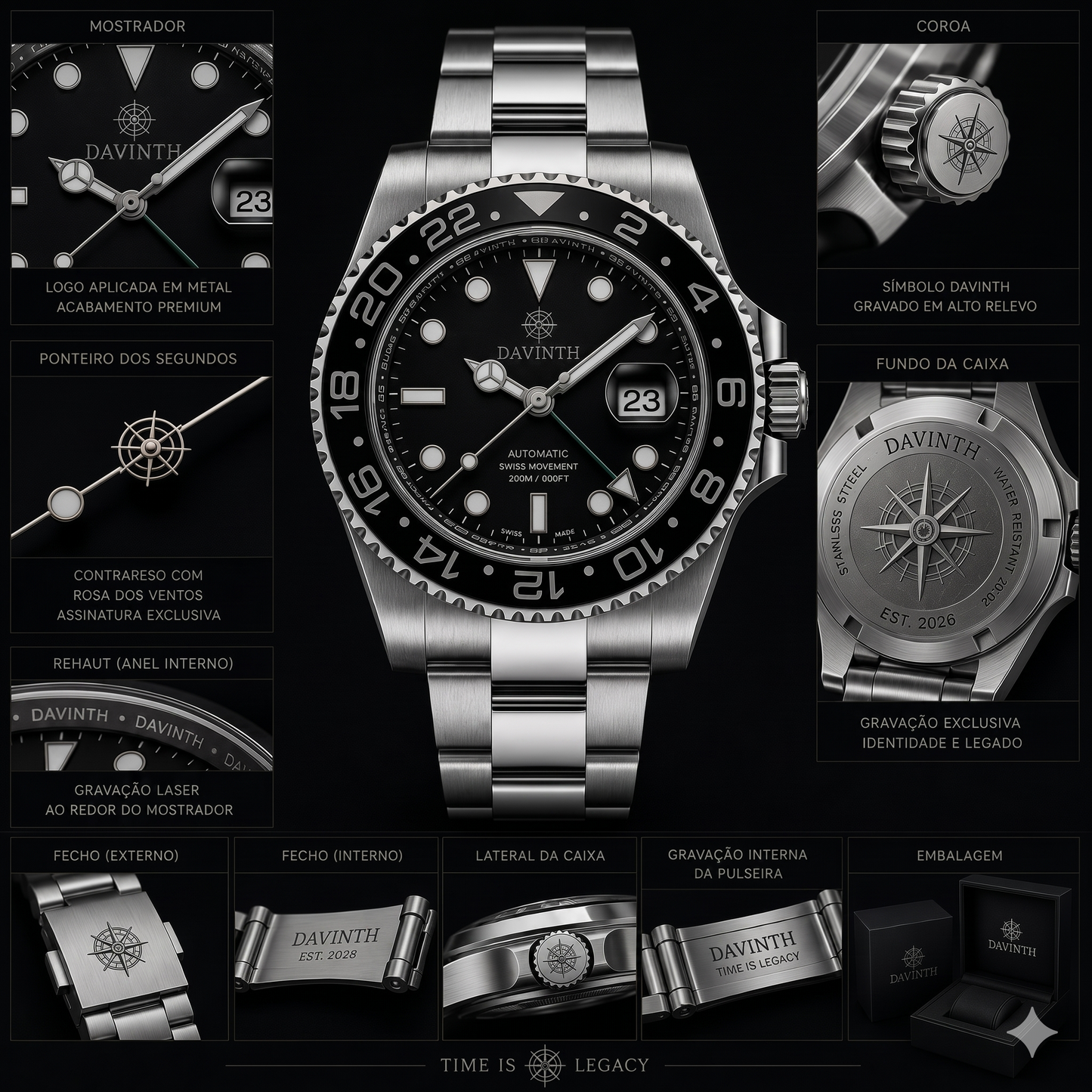 Davinth MERIDIAN GMT 40 / MONOCHROME Ceramic Bezel / OYSTER Steel Bracelet