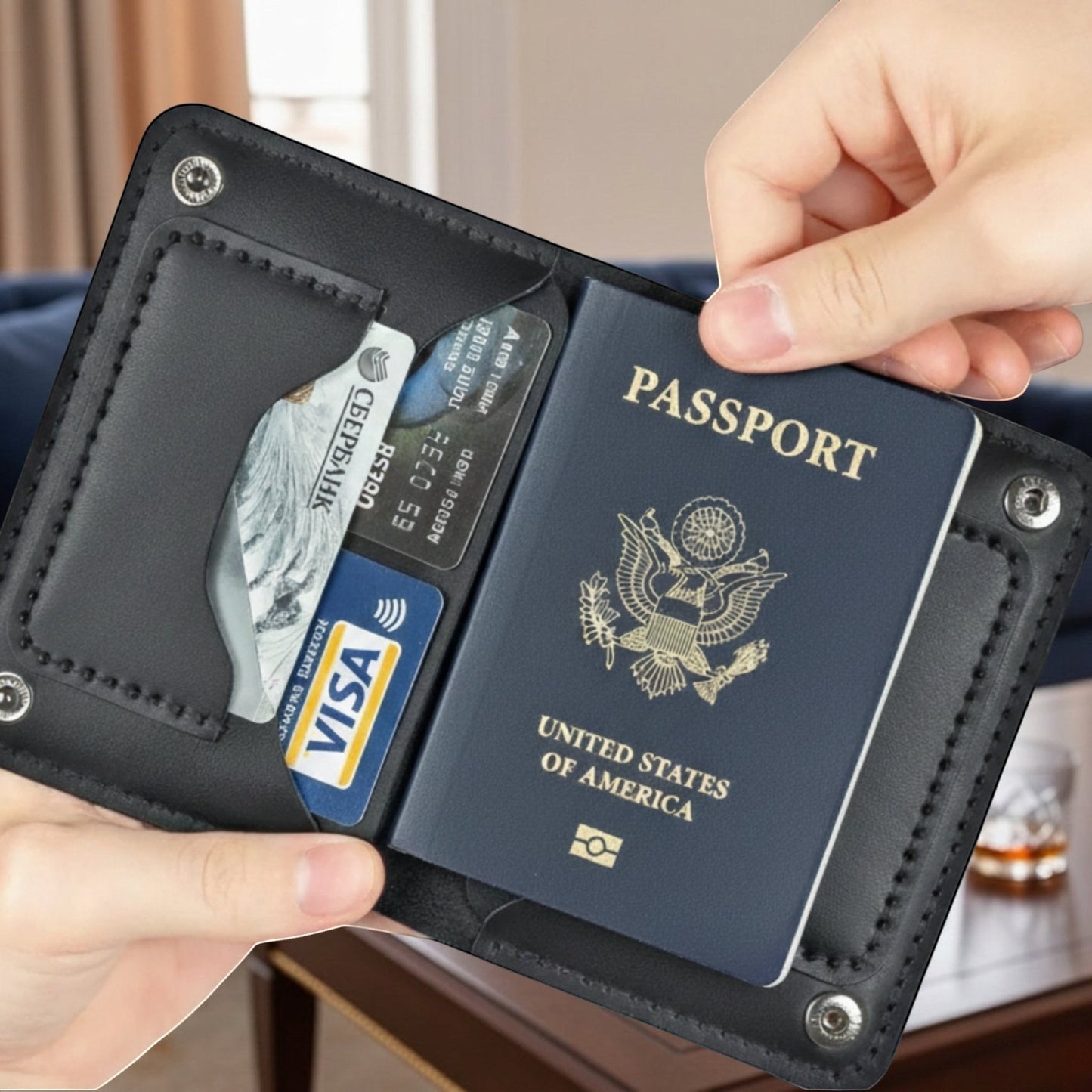MODISTIAZ black faux leather slim travel wallet with passport holder and card slots.