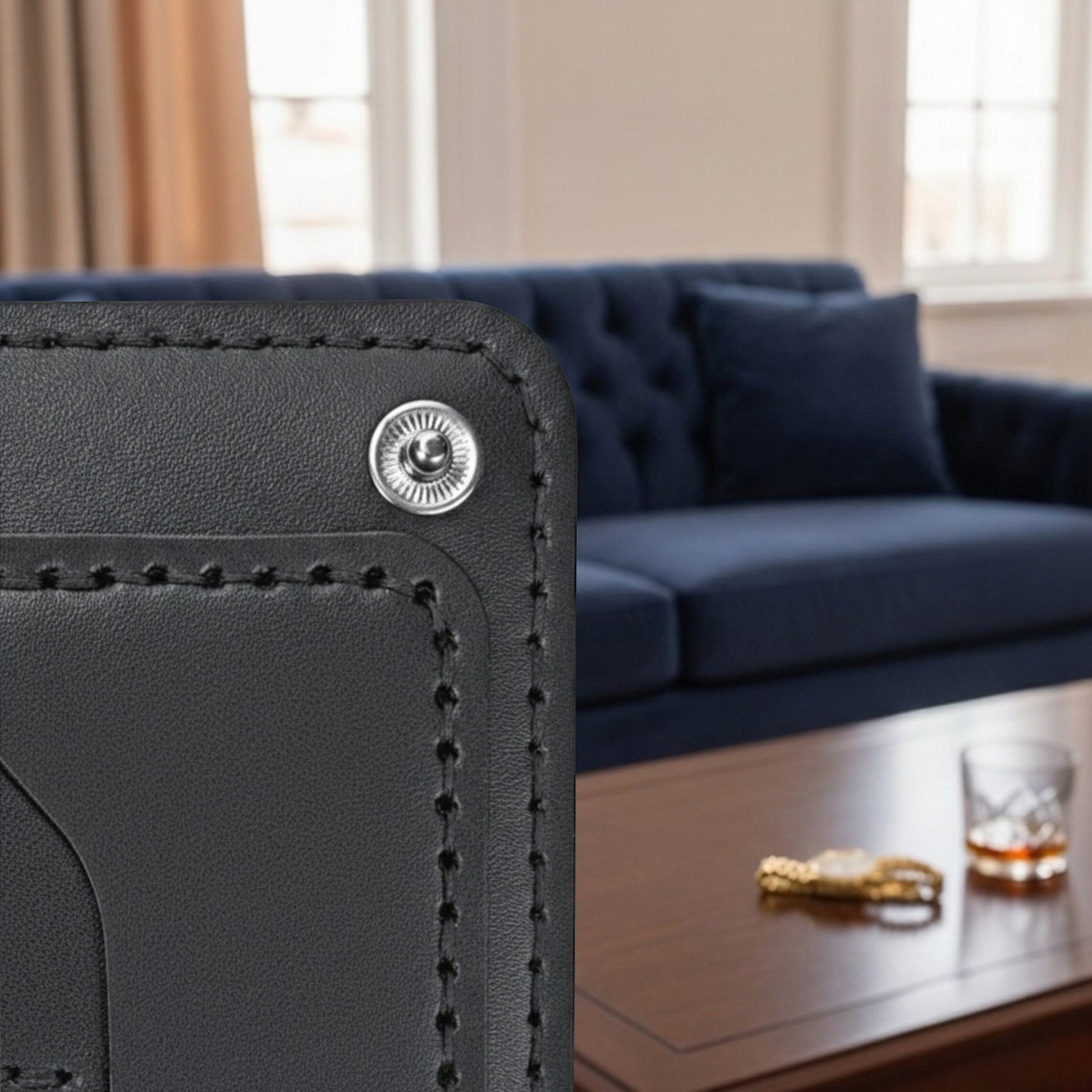 MODISTIAZ black faux leather slim travel wallet with passport holder and snap closure.