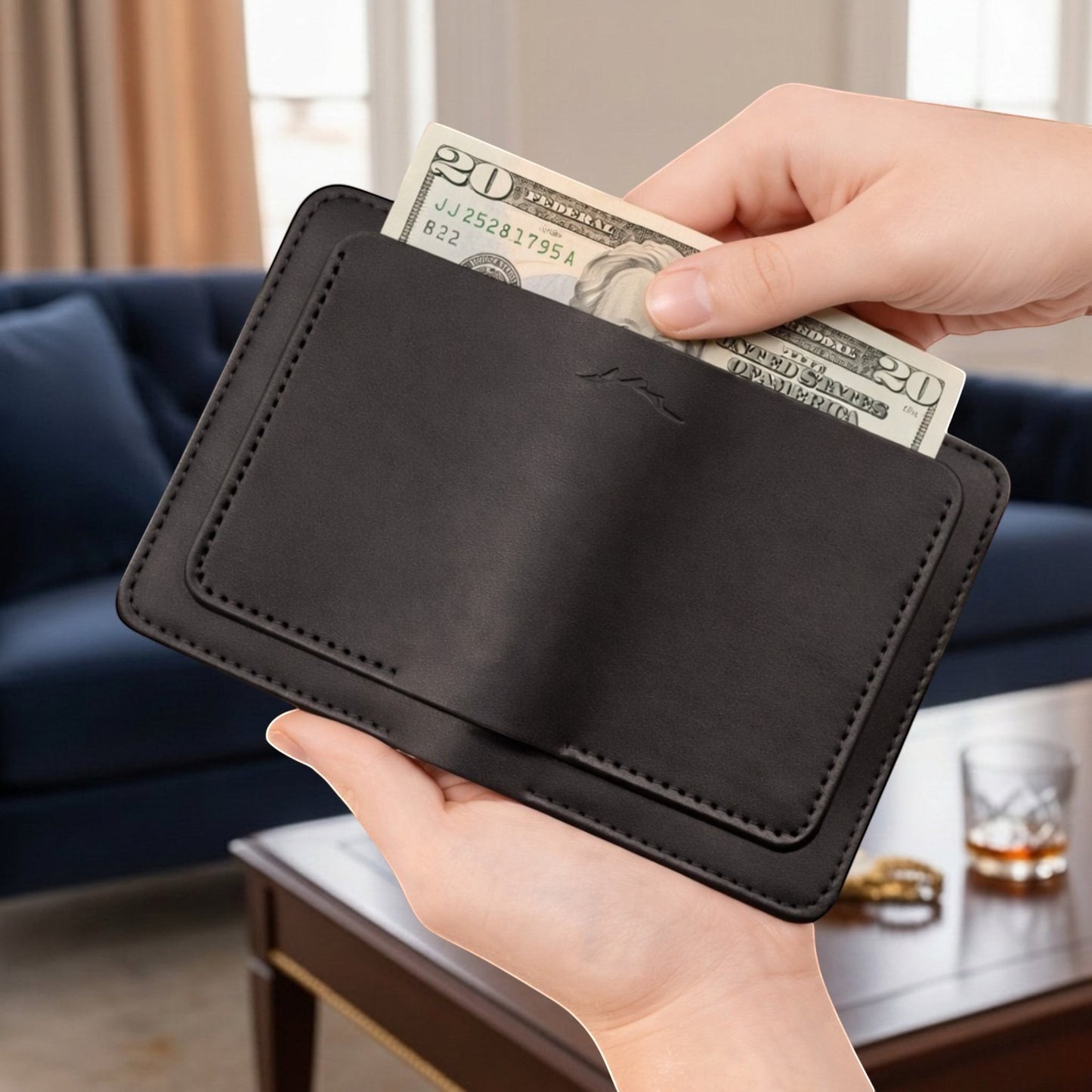 MODISTIAZ black faux leather slim travel wallet with passport holder and cash pocket.