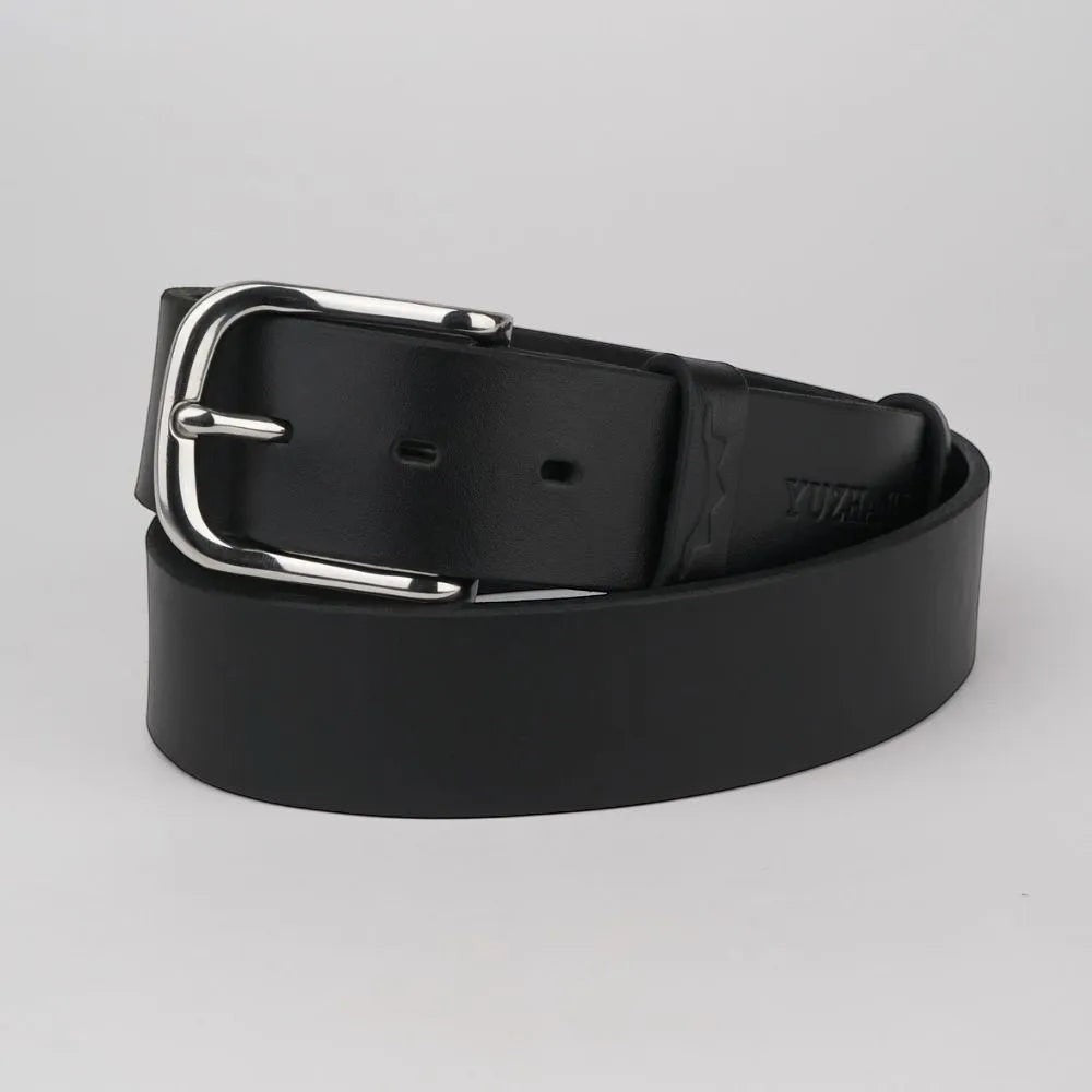 MODISTIAZ black leather belt with a silver buckle and embossed detail. Classic, versatile accessory.