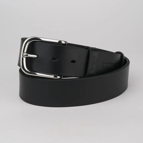 MODISTIAZ black leather belt with a silver buckle and embossed detail. Classic, versatile accessory.