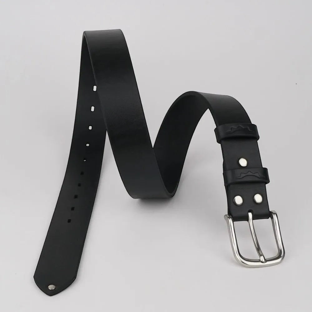 MODISTIAZ black leather belt with a silver buckle and decorative stitching on the keeper loop.