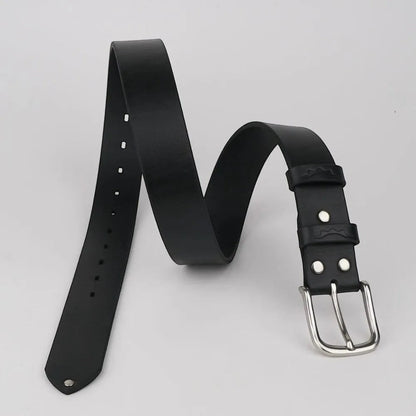 MODISTIAZ black leather belt with a silver buckle and decorative stitching on the keeper loop.