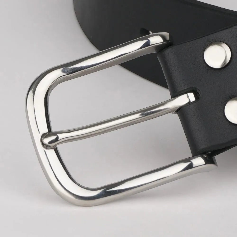 MODISTIAZ black leather belt with a polished silver-tone buckle and keeper.
