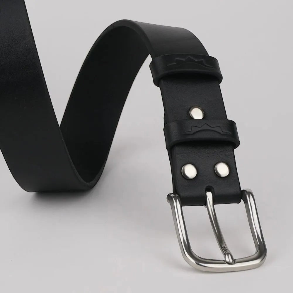 MODISTIAZ black leather belt with a silver buckle and decorative stitching on the keeper loop.