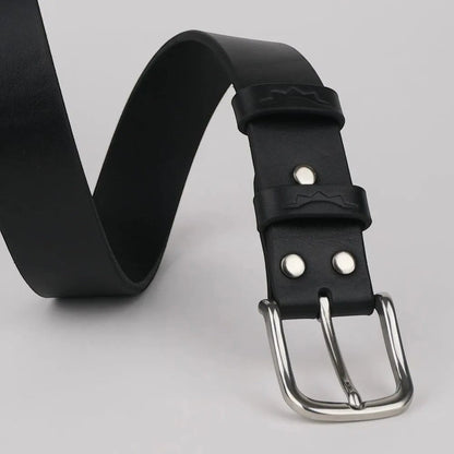 MODISTIAZ black leather belt with a silver buckle and decorative stitching on the keeper loop.