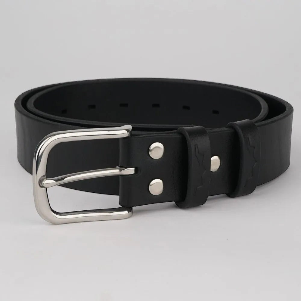 MODISTIAZ black leather belt with a silver buckle and embossed star details.