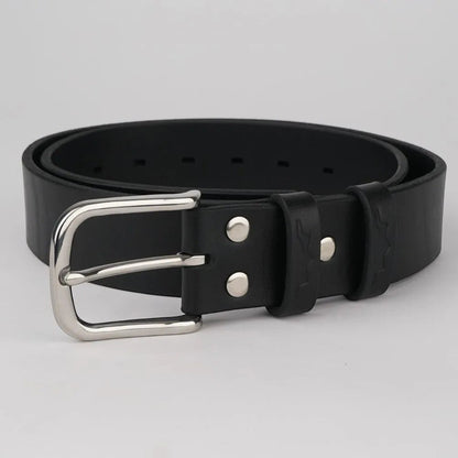 MODISTIAZ black leather belt with a silver buckle and embossed star details.