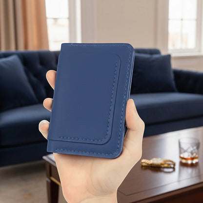 MODISTIAZ blue faux leather slim travel wallet with passport holder and card slots.