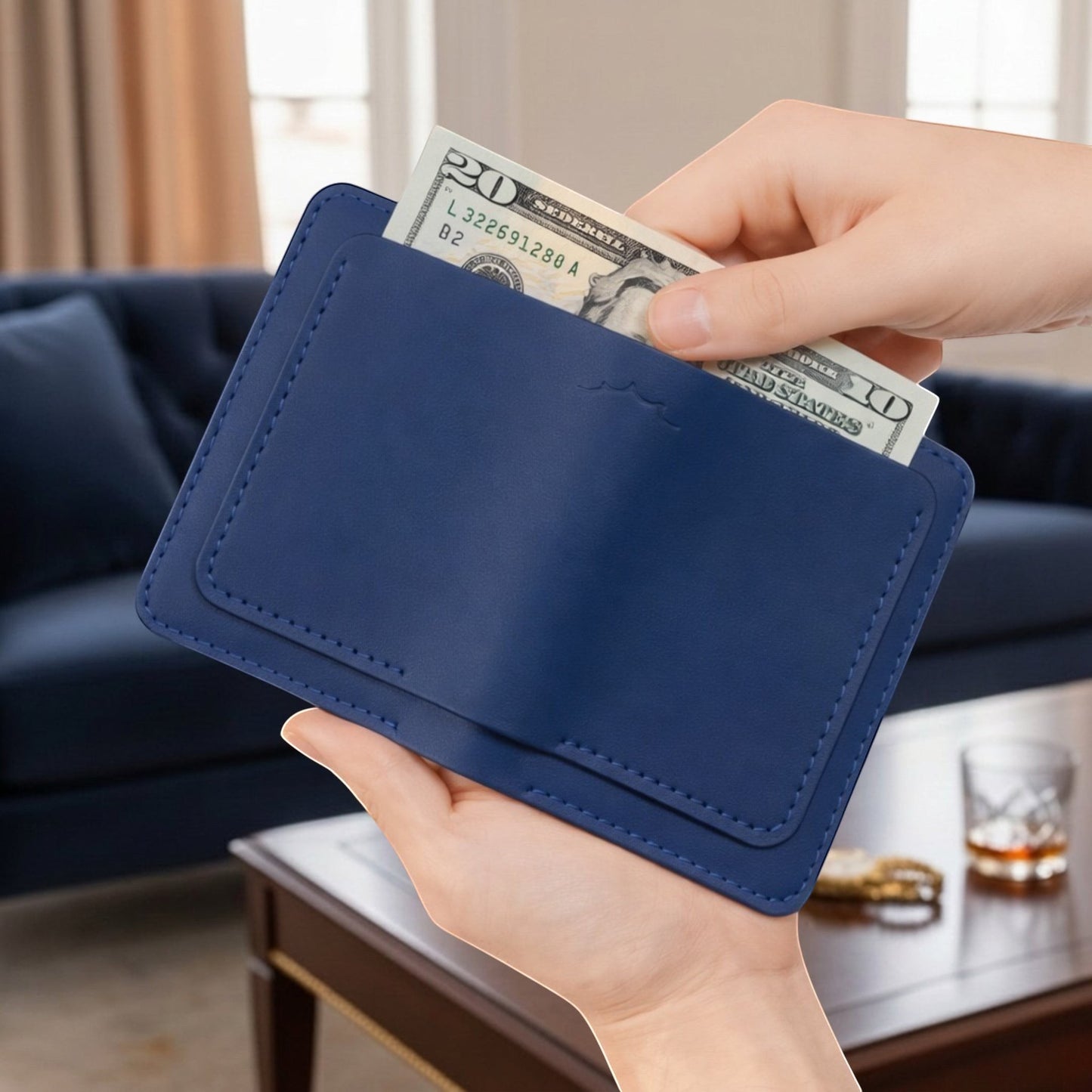 MODISTIAZ blue faux leather slim travel wallet with passport holder and card slots.