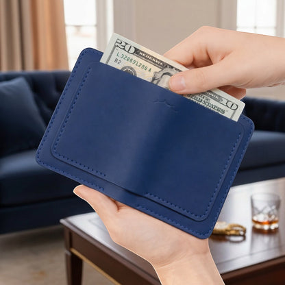 MODISTIAZ blue faux leather slim travel wallet with passport holder and card slots.