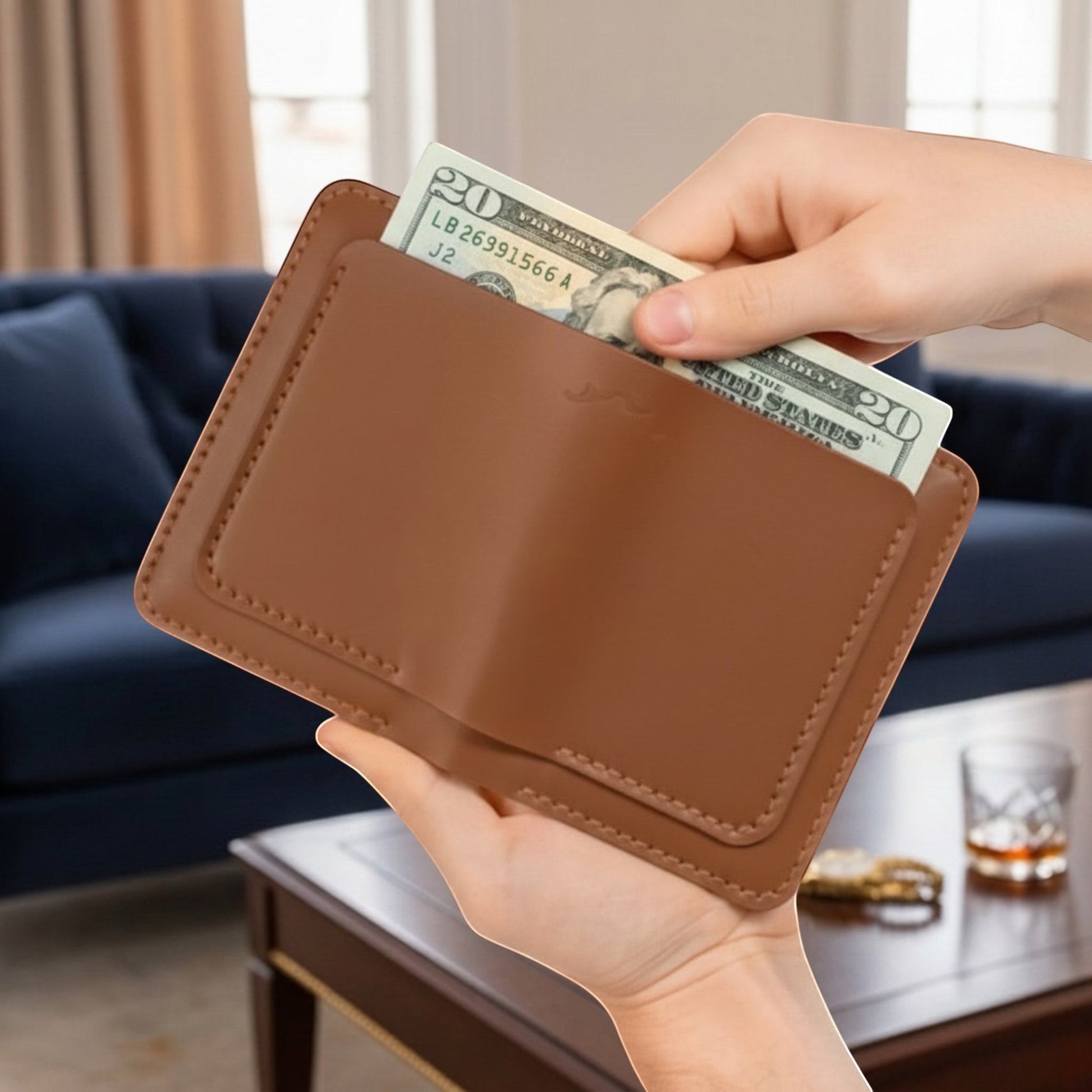 MODISTIAZ brown faux leather slim travel wallet with passport holder and card slots, holding cash.