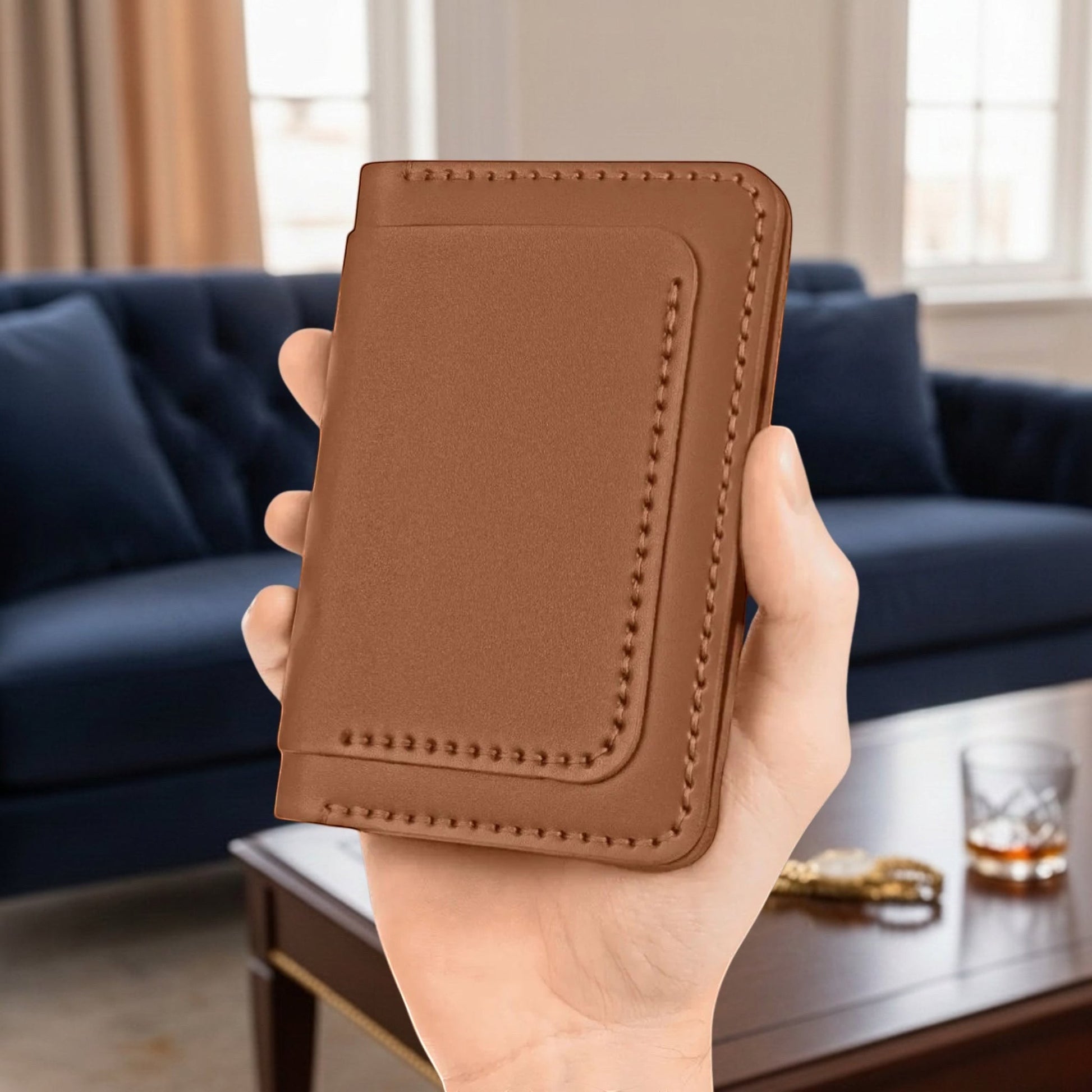 MODISTIAZ brown faux leather slim travel wallet with passport holder and card slots.